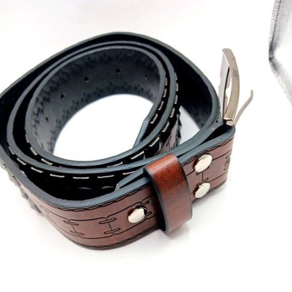 Double Row Studded Leather Belt Brown New - Picture 6 of 10